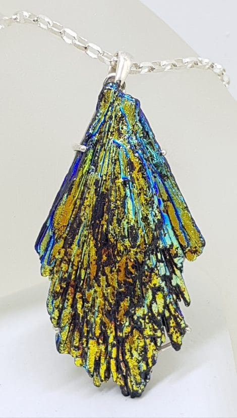 Sterling Silver Large Black Titanium Kyanite Pendant on Silver Chain – Vibrant Blue/Green/Gold/Yellow