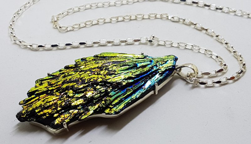 20200626_084645 Sterling Silver Large Black Titanium Kyanite Pendant on Silver Chain – Vibrant Blue/Green/Gold/Yellow