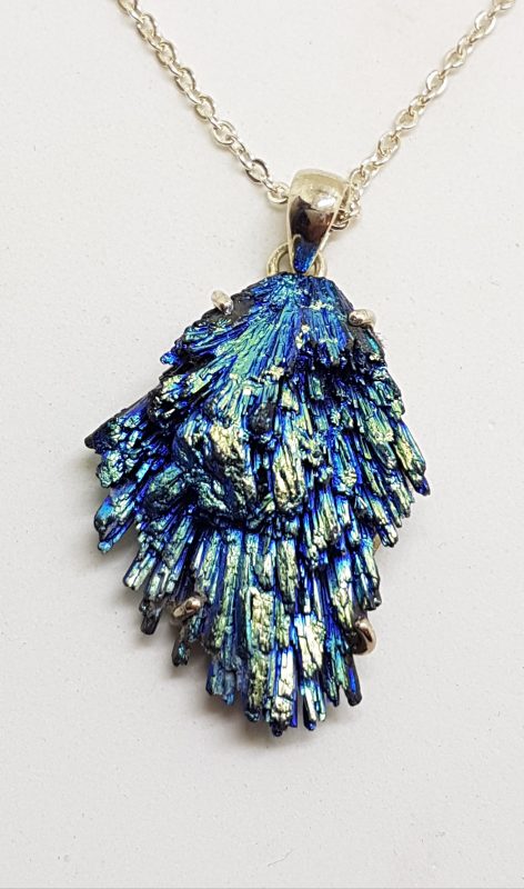 Sterling Silver Large Black Titanium Kyanite Pendant on Silver Chain – Vibrant Blue