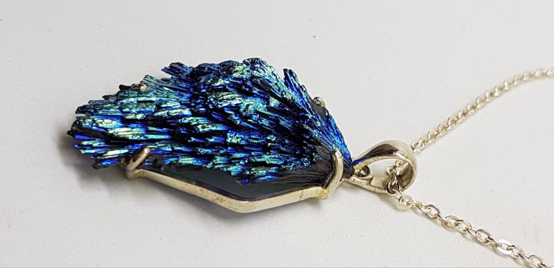 Sterling Silver Large Black Titanium Kyanite Pendant on Silver Chain – Vibrant Blue