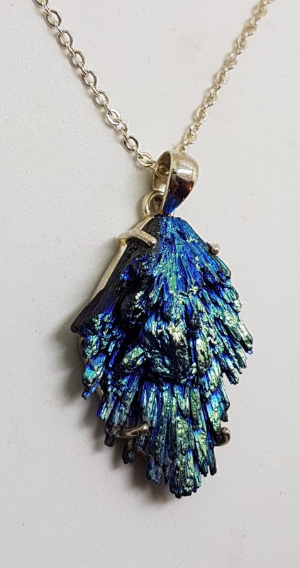 Sterling Silver Large Black Titanium Kyanite Pendant on Silver Chain – Vibrant Blue