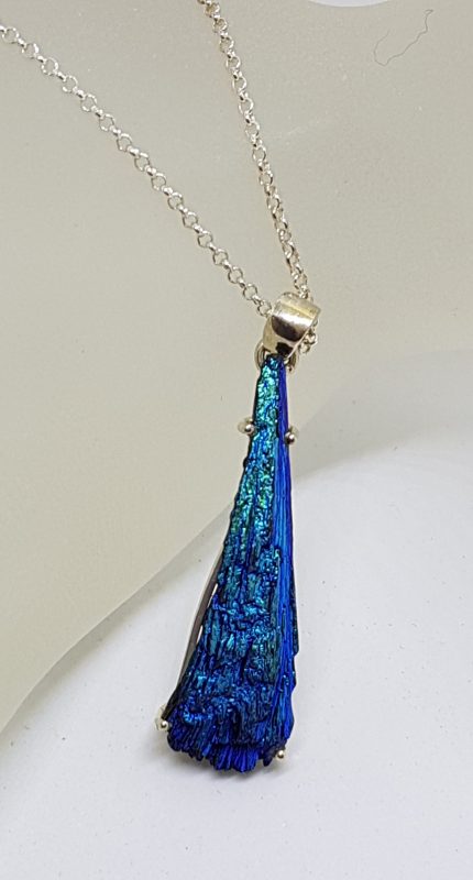Sterling Silver Long Black Titanium Kyanite Pendant on Silver Chain – Vibrant Blue