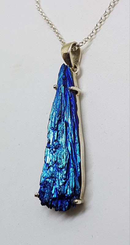 Sterling Silver Long Black Titanium Kyanite Pendant on Silver Chain – Vibrant Blue