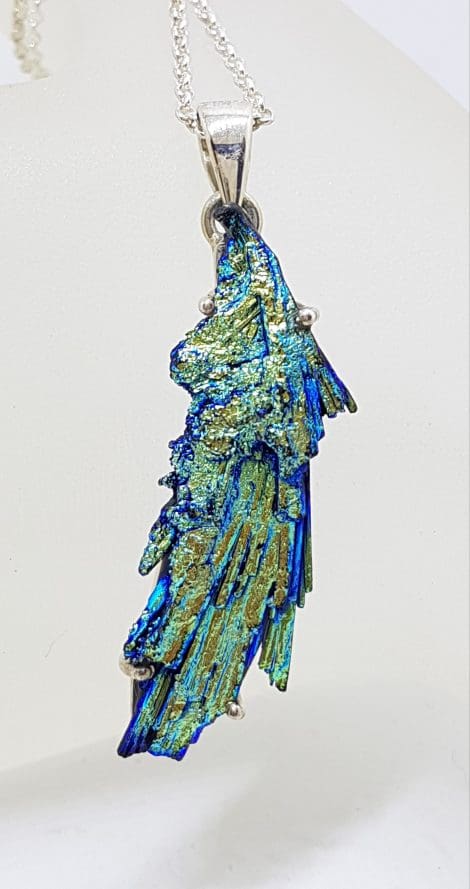 Sterling Silver Large & Long Black Titanium Kyanite Pendant on Silver Chain – Vibrant Blue & Green