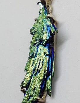 Sterling Silver Large & Long Black Titanium Kyanite Pendant on Silver Chain – Vibrant Blue & Green