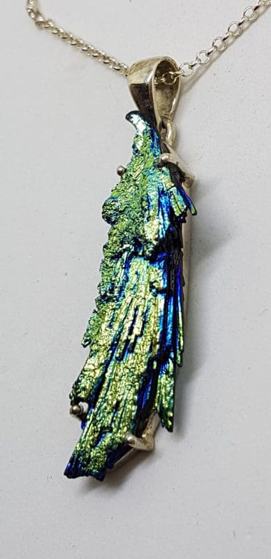 Sterling Silver Large & Long Black Titanium Kyanite Pendant on Silver Chain – Vibrant Blue & Green