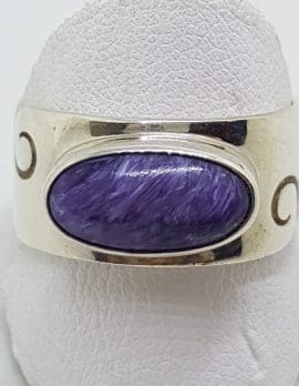 Sterling Silver Oval Charoite in Wide Wave Patterned Band Ring