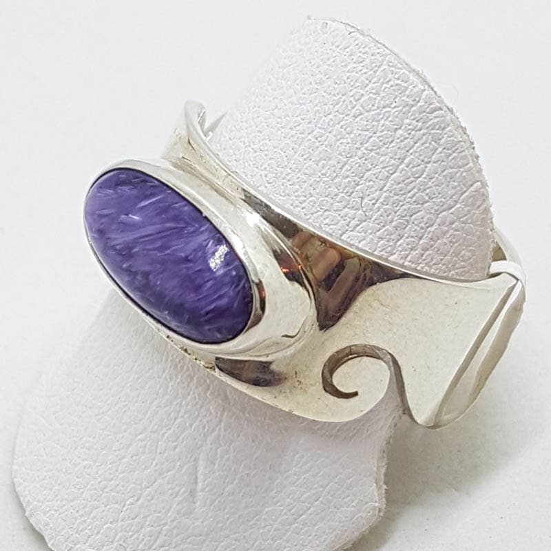 Sterling Silver Oval Charoite in Wide Wave Patterned Band Ring