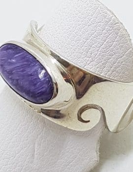 Sterling Silver Oval Charoite in Wide Wave Patterned Band Ring