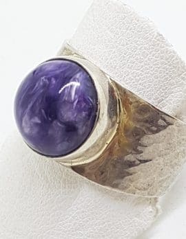 Sterling Silver Round Charoite Beaten Design Wide Band Ring