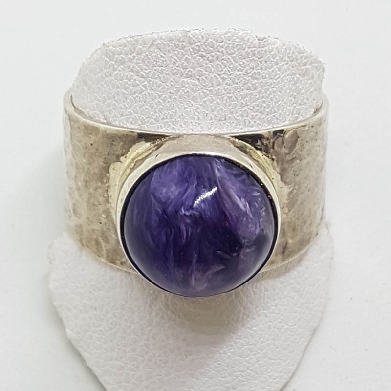 20200625_124818 Sterling Silver Round Charoite Beaten Design Wide Band Ring