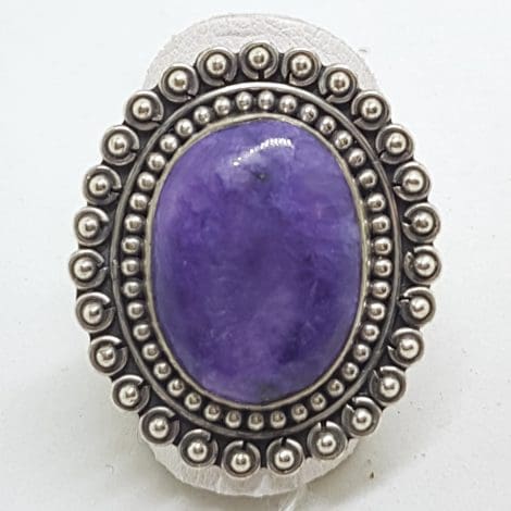 Sterling Silver Large Oval Charoite Ornate Ring