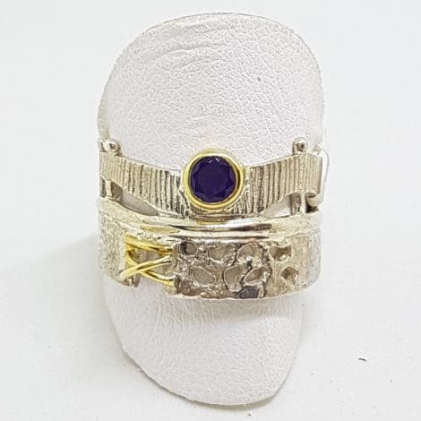 Sterling Silver Ornate Design Wide Amethyst Ring with Gold Plated Design