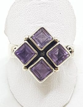 Sterling Silver Square Amethyst Cluster Ring