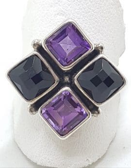 Sterling Silver Square Amethyst and Onyx Cluster Ring