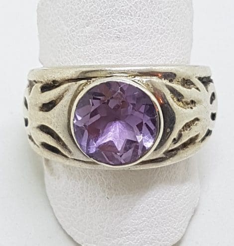 Sterling Silver Amethyst Round in Heavy Ornate Band Ring