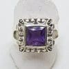 Sterling Silver Square Amethyst Ring - Ornate / Filigree