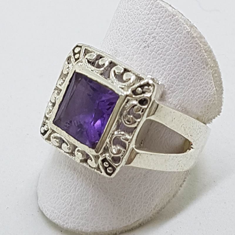 Sterling Silver Square Amethyst Ring - Ornate / Filigree