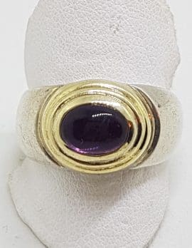 Sterling Silver Oval Cabochon Amethyst Ring with Gold Plated Rim