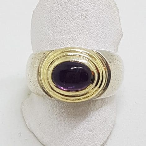 Sterling Silver Oval Cabochon Amethyst Ring with Gold Plated Rim