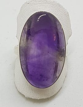 Sterling Silver Very Large Flat Oval Cabochon Amethyst Ring
