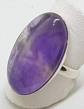 Sterling Silver Very Large Flat Oval Cabochon Amethyst Ring