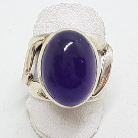 Sterling Silver Wide Oval Cabochon Amethyst Wave Design Ring