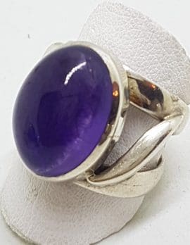 Sterling Silver Wide Oval Cabochon Amethyst Wave Design Ring