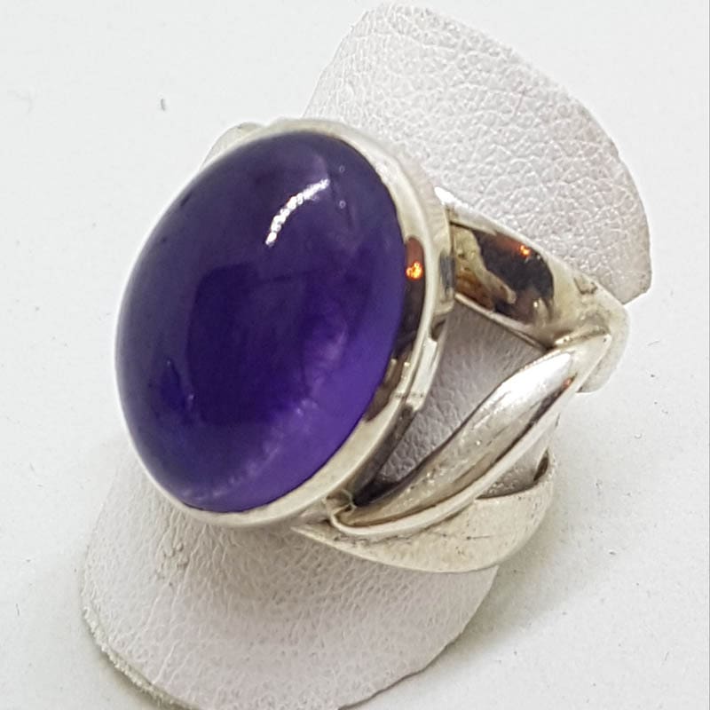 20200625_210558 Sterling Silver Wide Oval Cabochon Amethyst Wave Design Ring