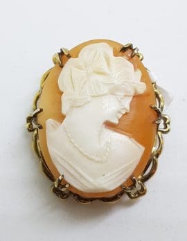 Sterling Silver Gold Plated Ornate Lady Cameo Brooch