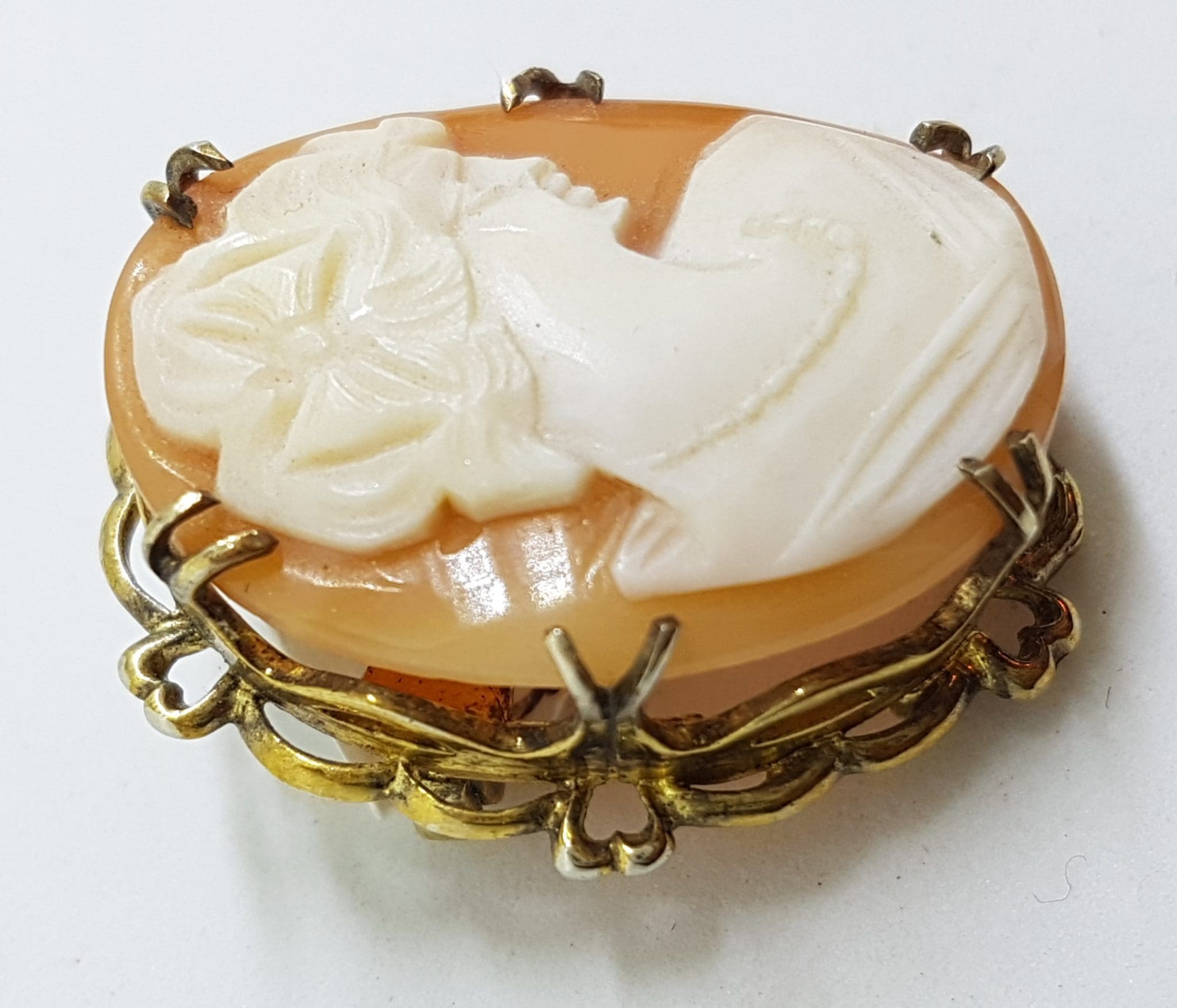 Sterling Silver Gold Plated Ornate Lady Cameo Brooch