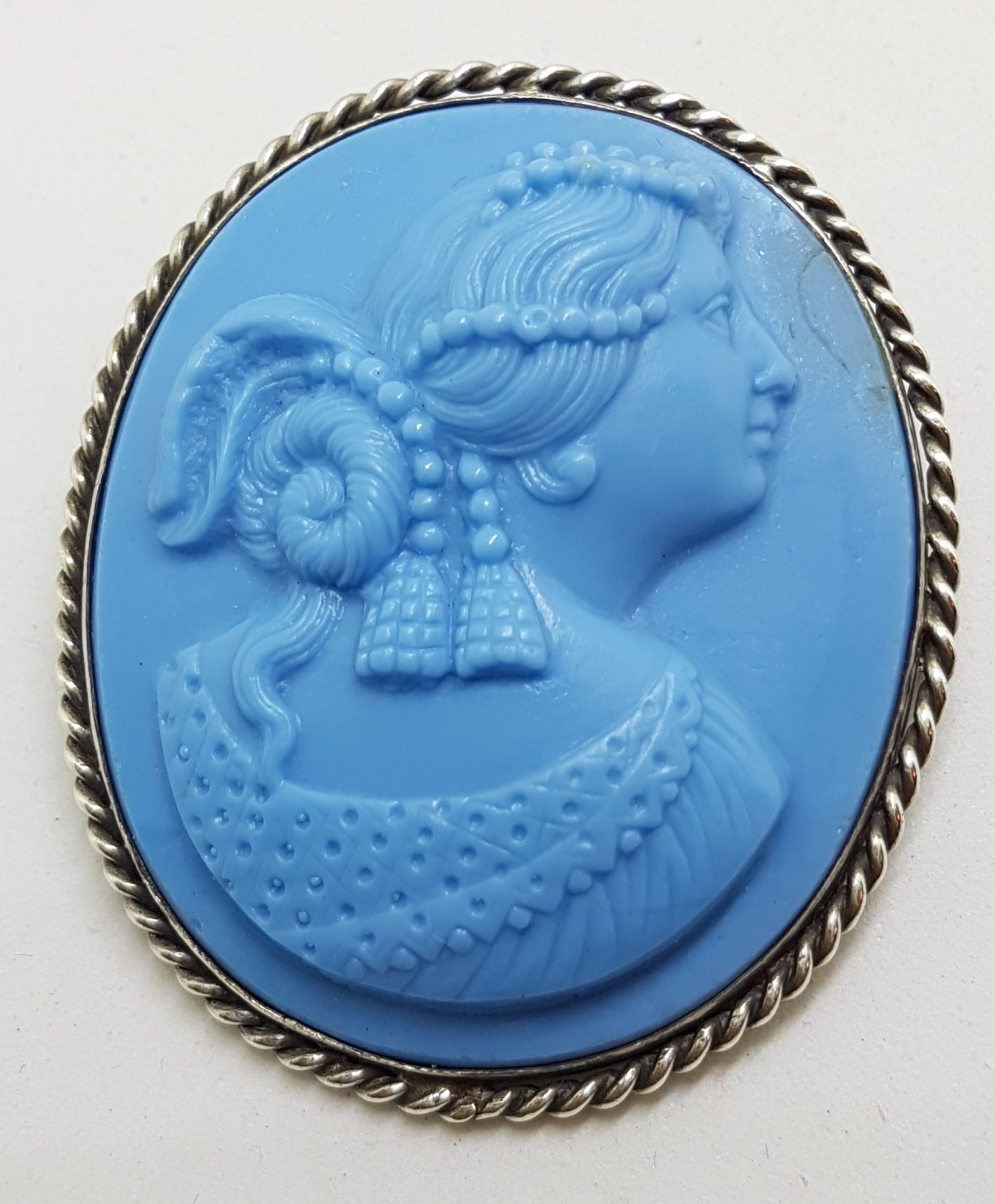 Sterling Silver Oval Large Blue Lady Cameo Brooch