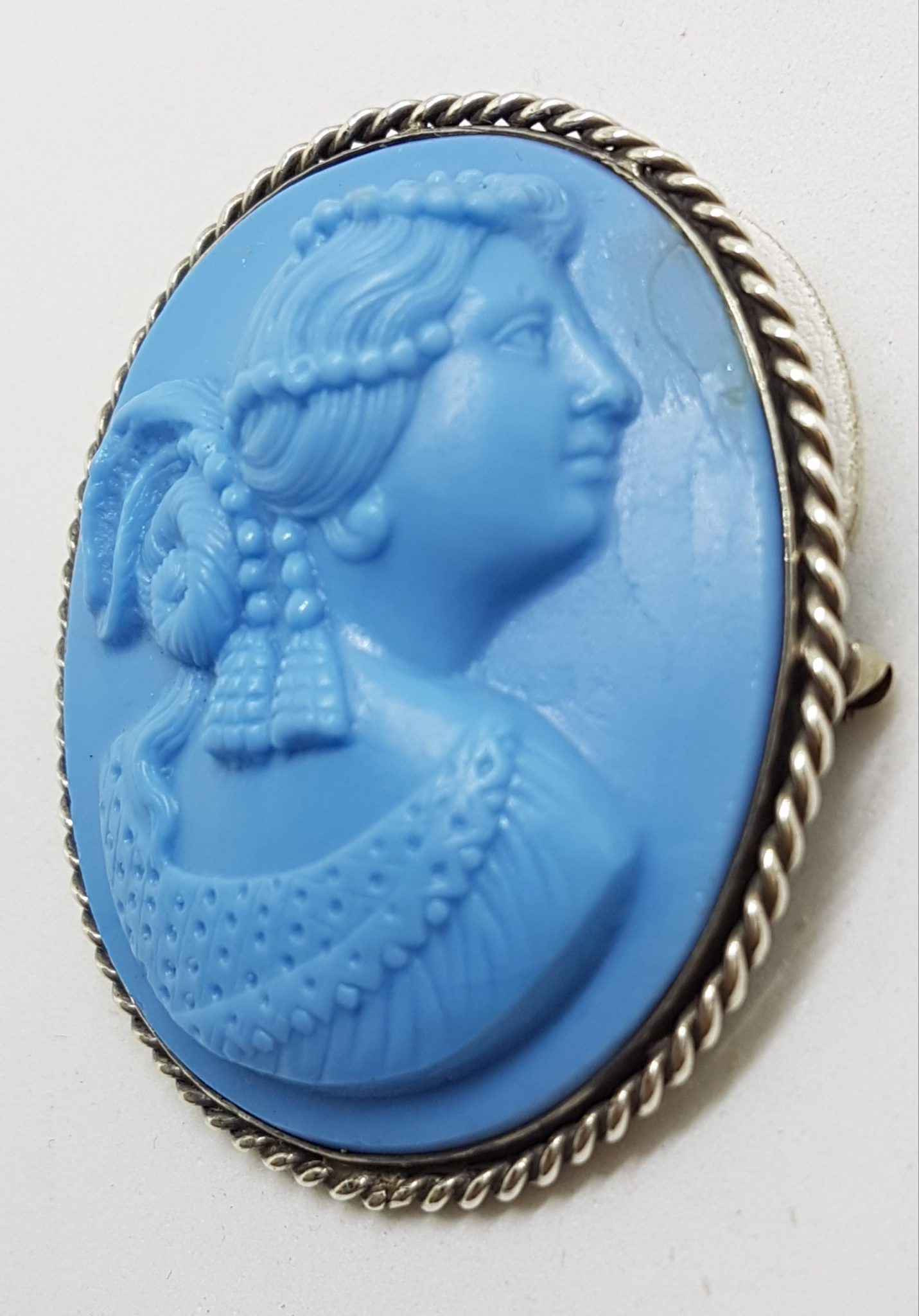 Sterling Silver Oval Large Blue Lady Cameo Brooch