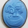 Sterling Silver Oval Large Blue Lady Cameo Brooch