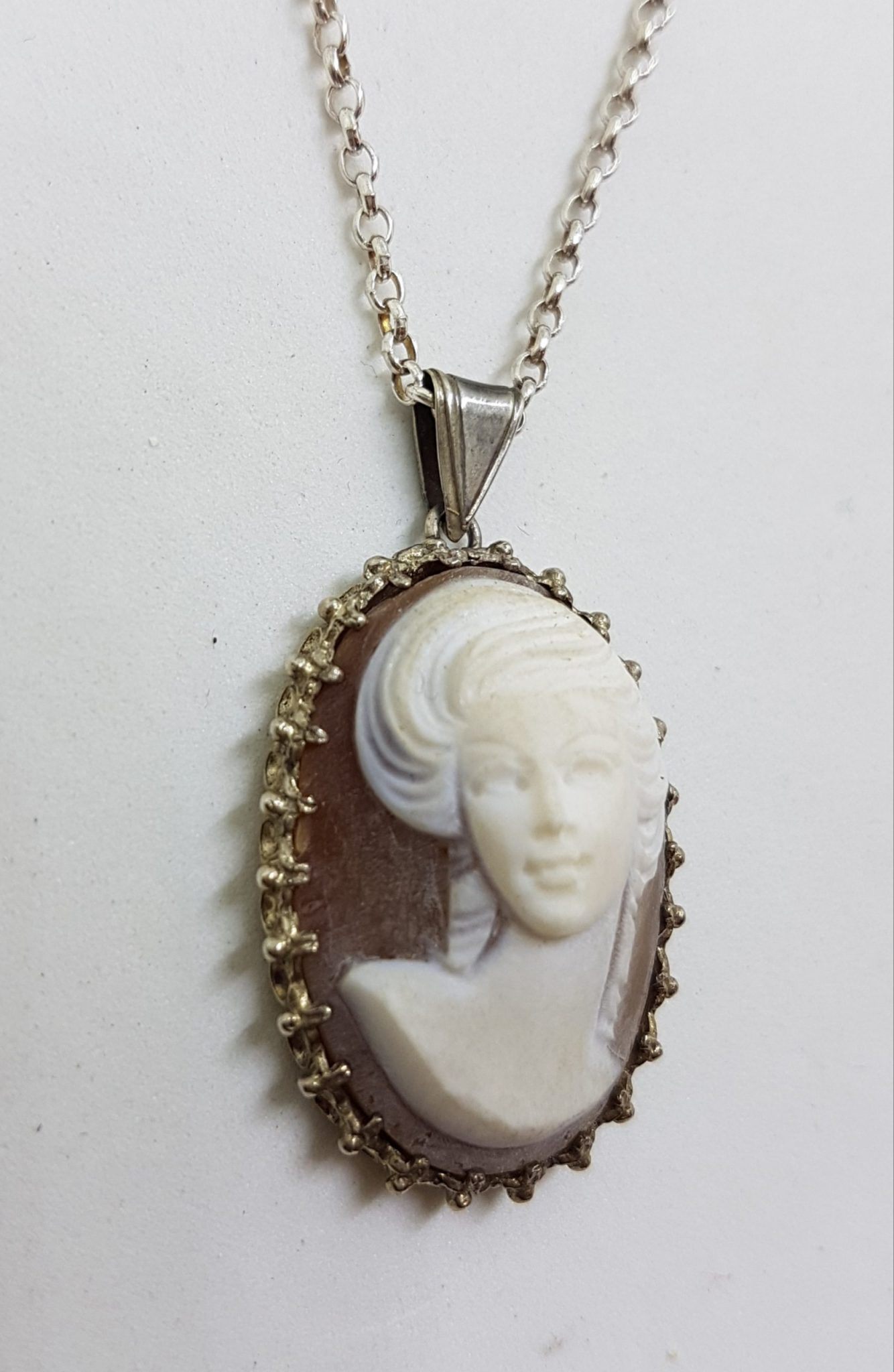 20200630_112301 Sterling Silver Oval Ornate Lady Cameo Pendant on Silver Chain