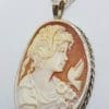 Sterling Silver Large Oval Ornate Lady Cameo Pendant on Silver Chain