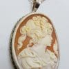 Sterling Silver Large Oval Ornate Lady Cameo Pendant on Silver Chain