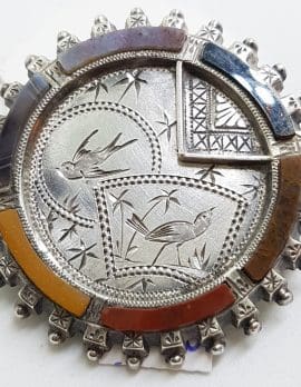 Sterling Silver Round Ornate Motif Bird and Floral Antique Multi-Coloured Scottish Agate Brooch