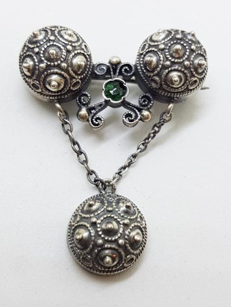 Sterling Silver Ornate Drop with Green Stone Brooch
