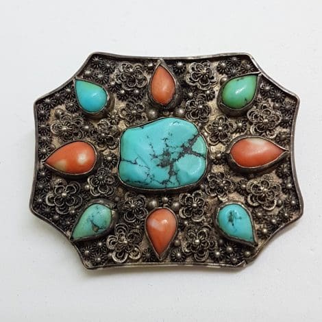 Sterling Silver Turquoise and Coral Large Ornate Buckle