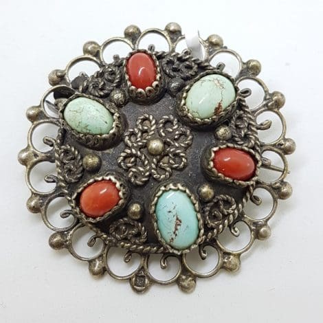 Sterling Silver Turquoise and Coral Large Ornate Round Brooch