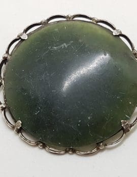 Sterling Silver Large Round Green Jade Brooch