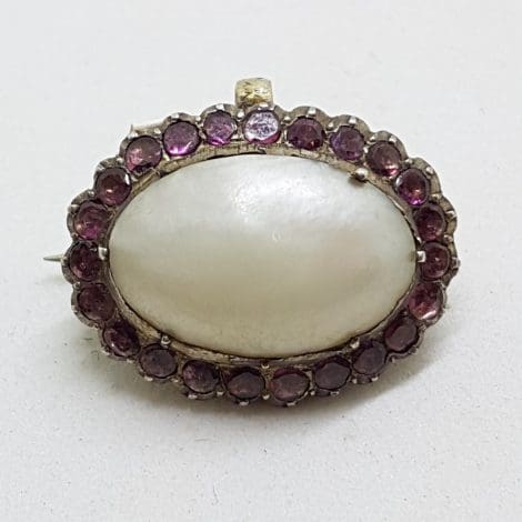 Sterling Silver Oval Pearl and Pink Brooch