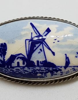 Sterling Silver Oval Delft Windmill Brooch