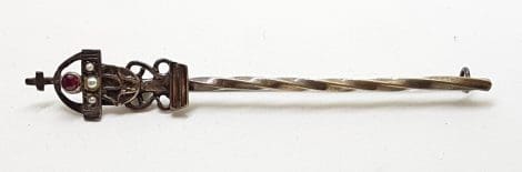 Sterling Silver Seedpearl Crown Long Kilt/Stock Pin Brooch