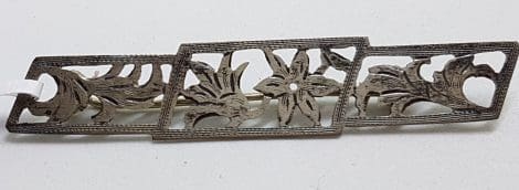 Sterling Silver Ornate Cut Out Flowers Bar Brooch