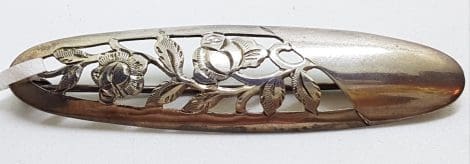 Sterling Silver Ornate Cut Out Flowers Long Oval Bar Brooch