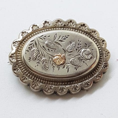 Sterling Silver & Gold Ornate Oval Antique Floral Brooch