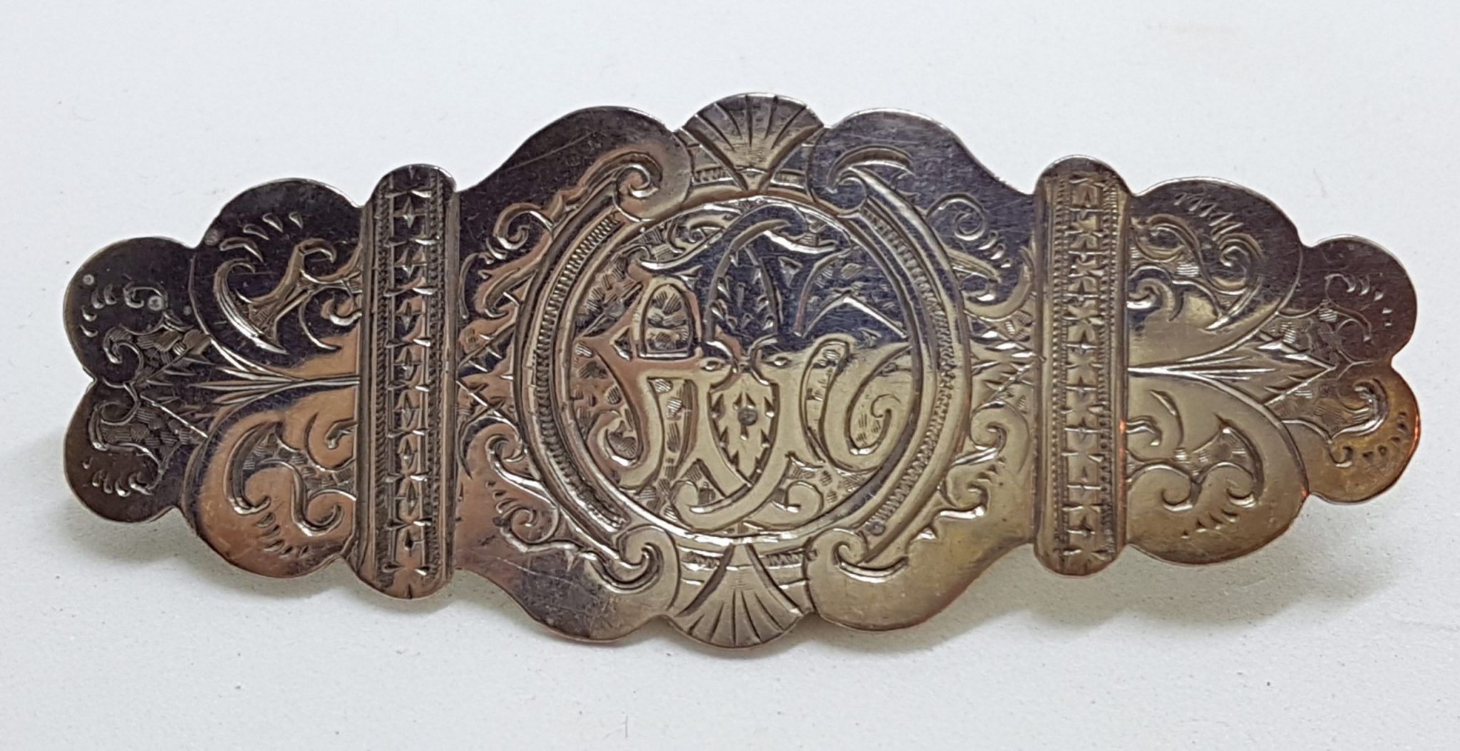20200630_115007 Sterling Silver Antique Large and Ornate Monogrammed Elongated Brooch. Initialed A H