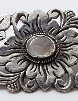 Sterling Silver Large Ornate Floral Design Moonstone Brooch